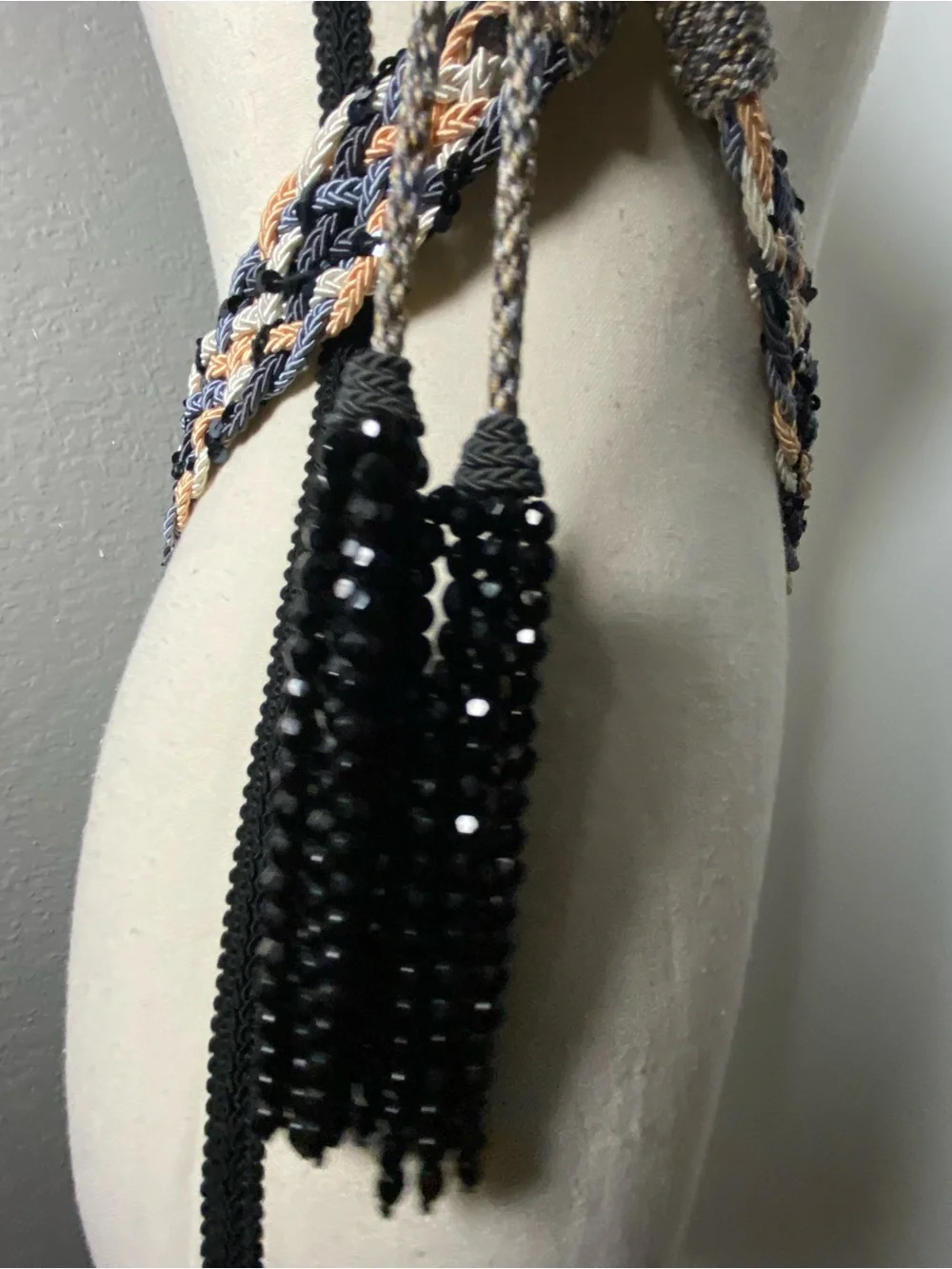 Vintage Blue Orange, Black Woven Sequin Rope Beaded Tassel Belt One Size